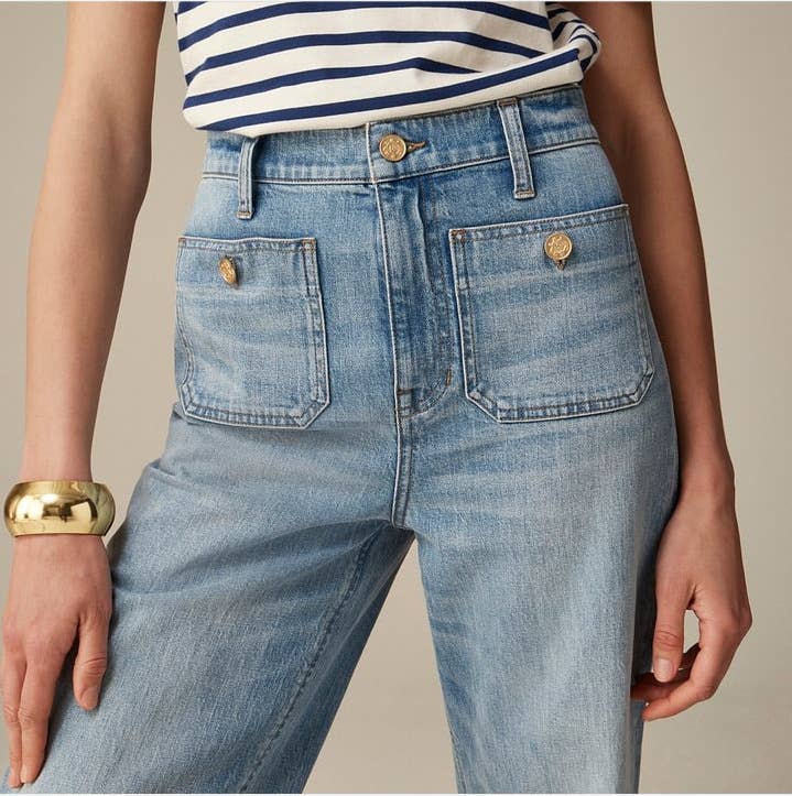 WIDE LEG LOOSE FIT PRE-WASHED HIGH WAIST BUTTON TRIM JEANS