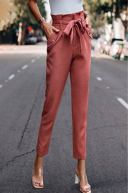 BUTTON DETAILED PAPER BAG WAIST PANTS - CLAY
