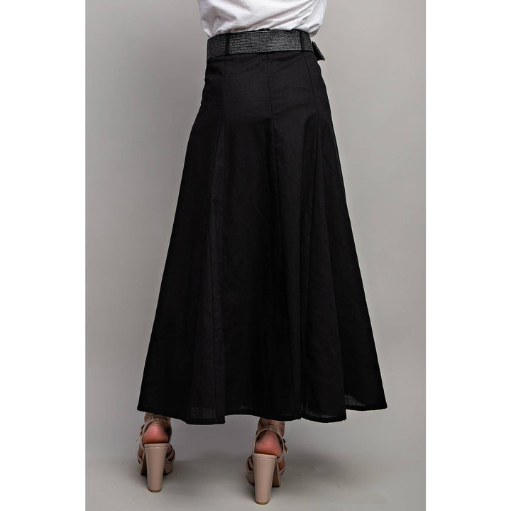 SWEET GENERIS LINEN MAXI FLARE SKIRT + BELT - BLACK