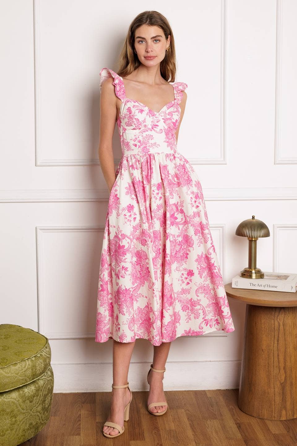 FLORAL PRINTED WOVEN MIDI DRESS - PETAL PINK