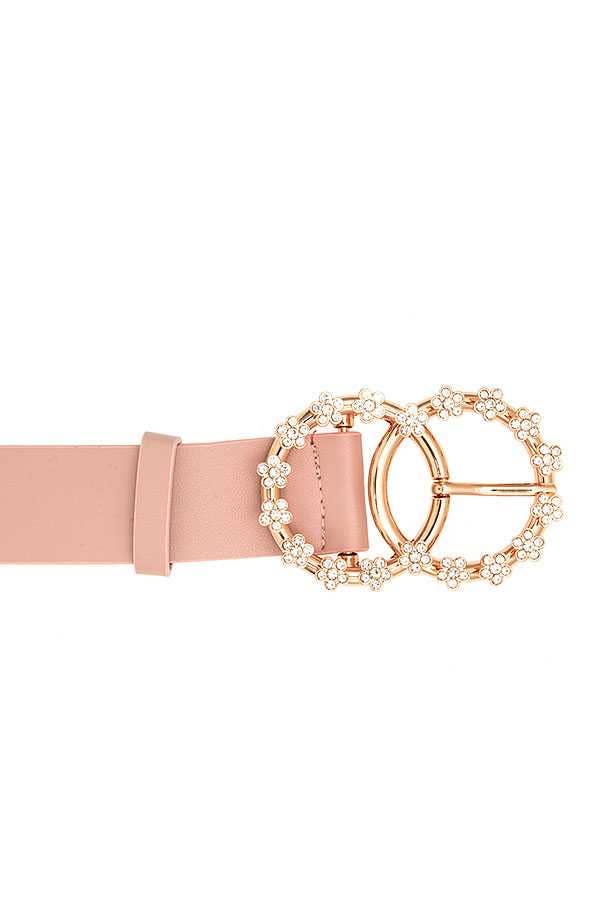 FLORAL RHINESTONE BUCKLE VEGAN LEATHER BELT - TAUPE