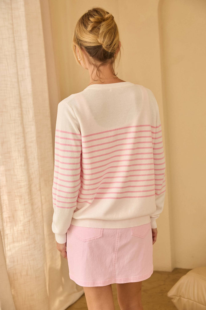 STRIPED BUTTON-DOWN CARDI - PINK + WHITE