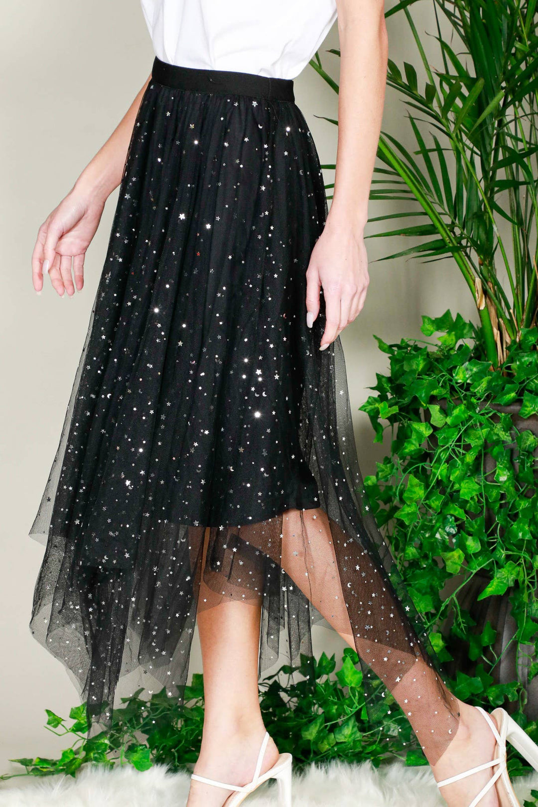 STAR PATTERNED TULLE MIDI SKIRT - BLACK