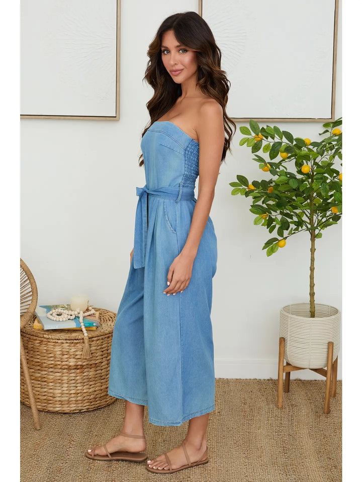 STRAPLESS SMOCK BACK ROMPER W/BELT - DENIM BLUE