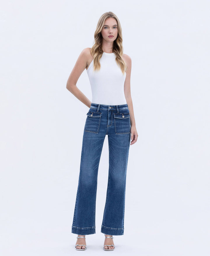 HIGH RISE TROUSER HEM VINTAGE FLARE JEANS - DARK WASH