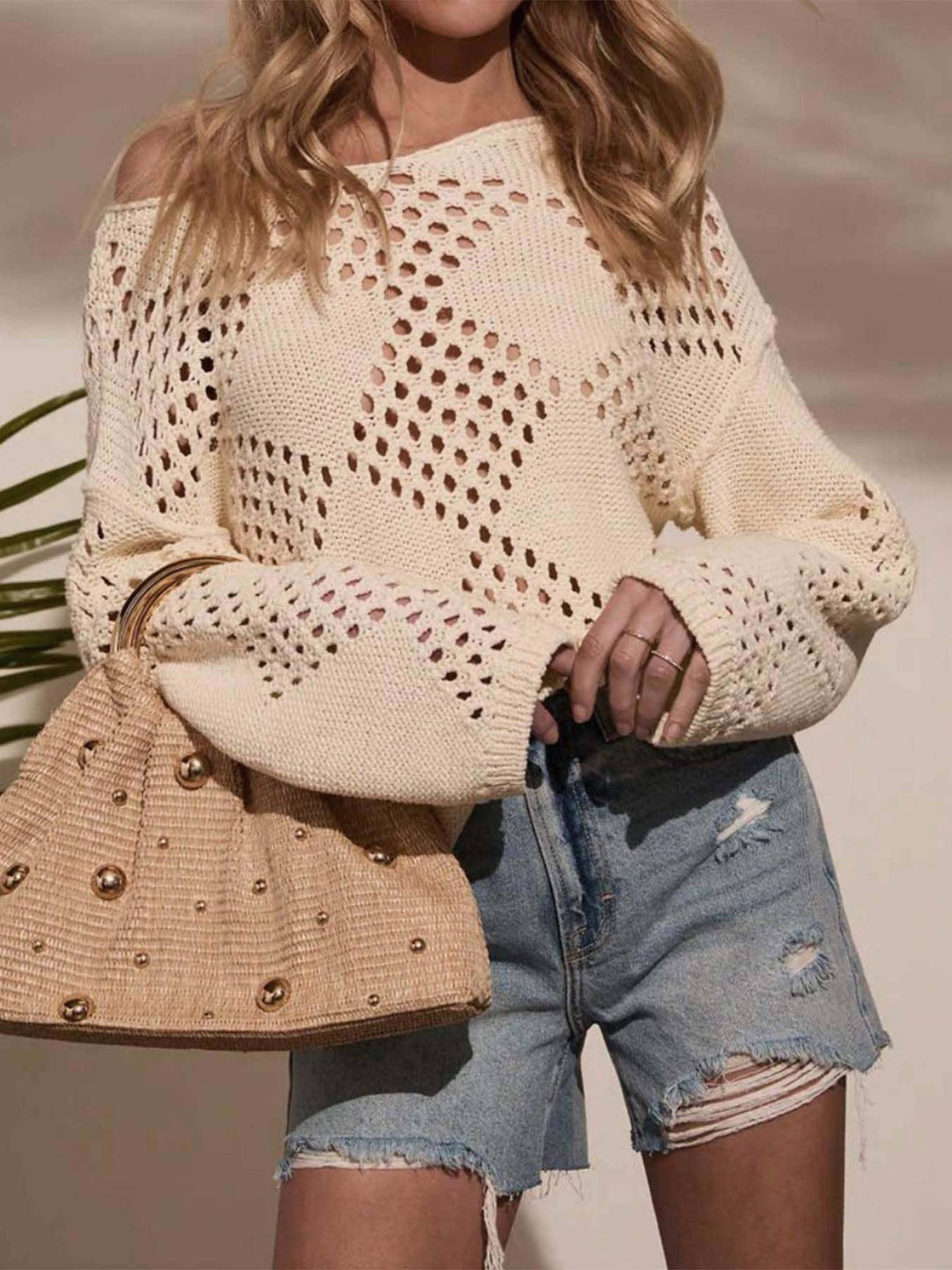 OPEN-WEAVE OFF SHOULDER CROCHET SWEATER - BEIGE