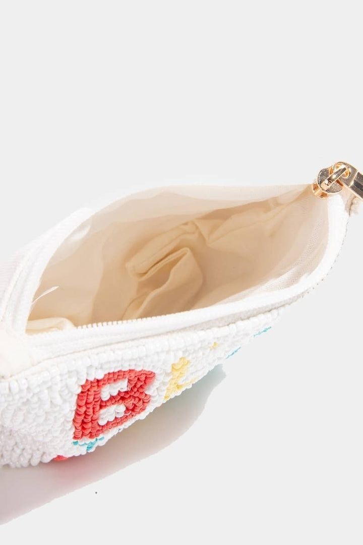 BEST TEACHER EVER SEED BEAD COIN PURSE - WHITE