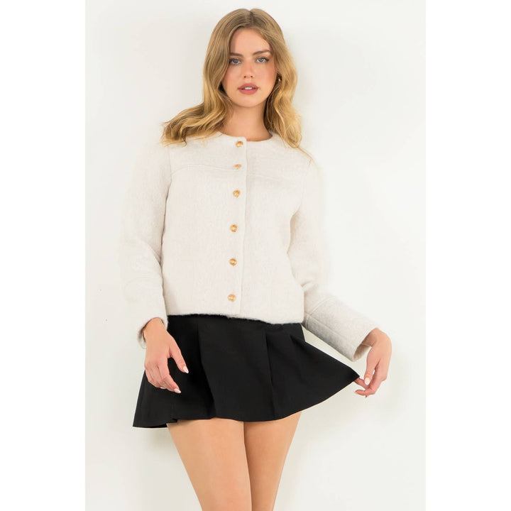 BUTTON UP BOUCLE JACKET - CREAM