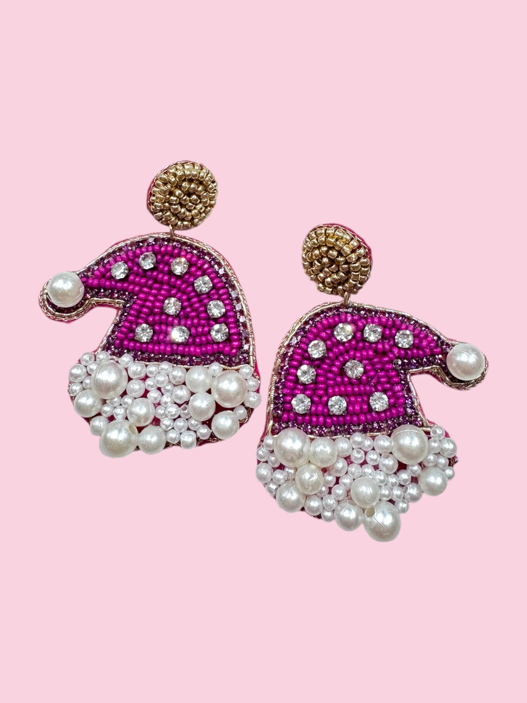 SANTA HAT CRYSTAL + BEAD DANGLE EARRINGS - PINK