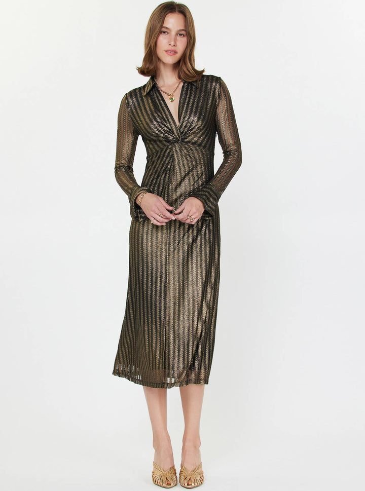 METALLIC STRIPED MIDI DRESS - BLACK GOLD