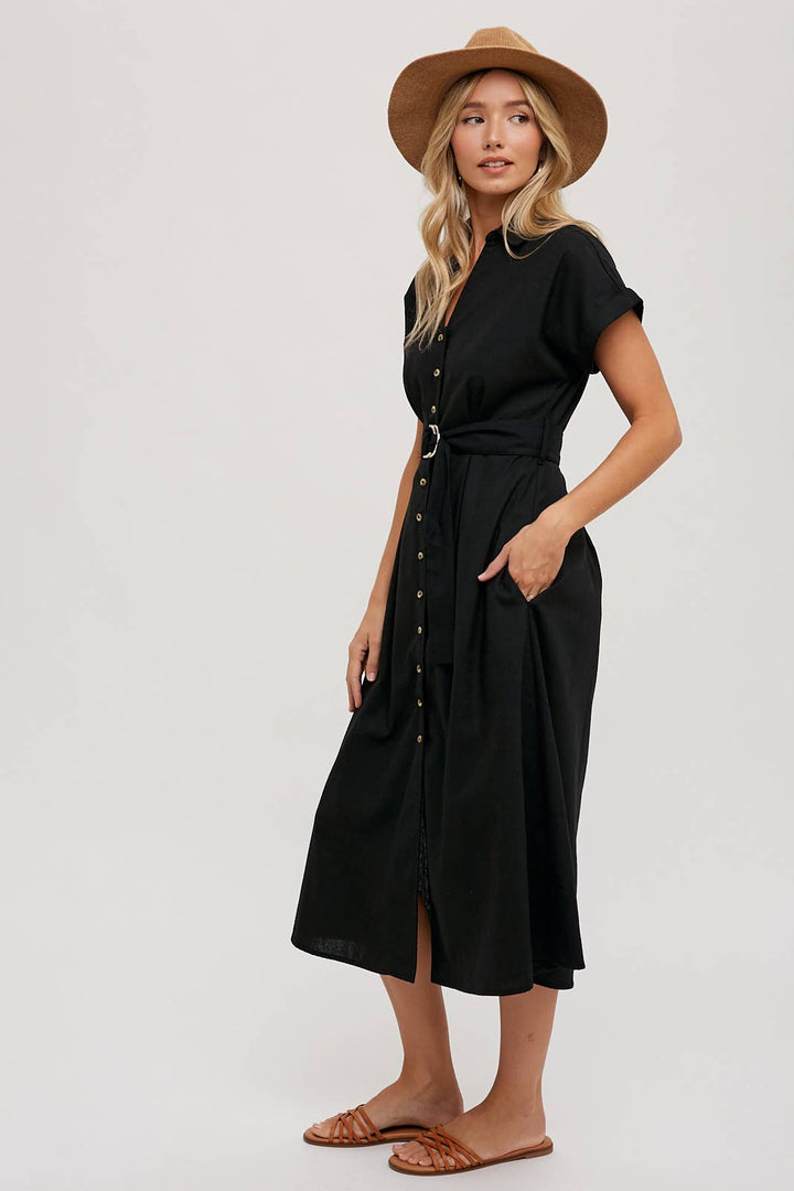 BUTTON DOWN BELTED MIDI DRESS - BLACK