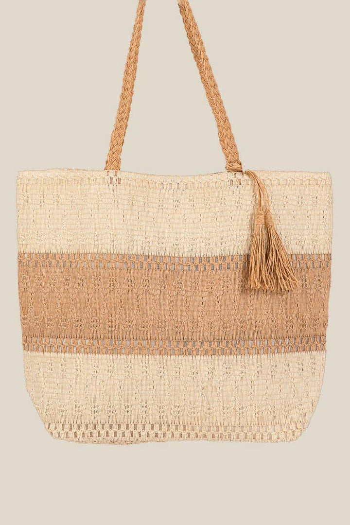 TWO TONE WOVEN TOTE BAG - TAUPE
