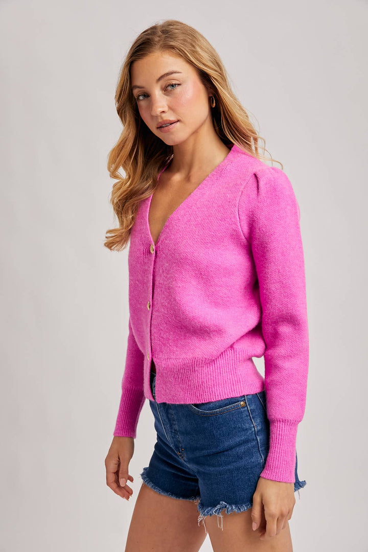 BUTTON DOWN V-NECK CARDIGAN: HOT PINK / S