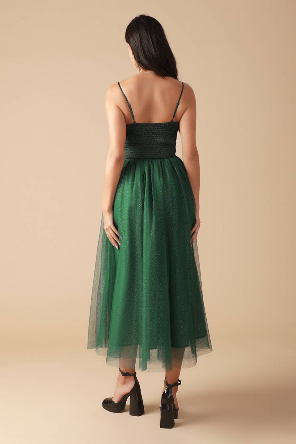 SATIN + TULLE MIDI DRESS - GREEN