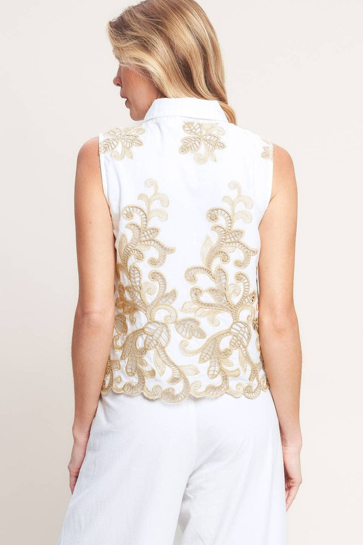 BUTTON DOWN CONTRAST EMBROIDERED TOP - WHITE + TAN
