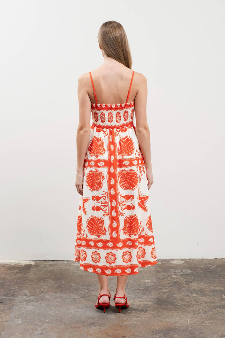 SEA PRINT SCALLOP DETAIL MIDI DRESS - ORANGE