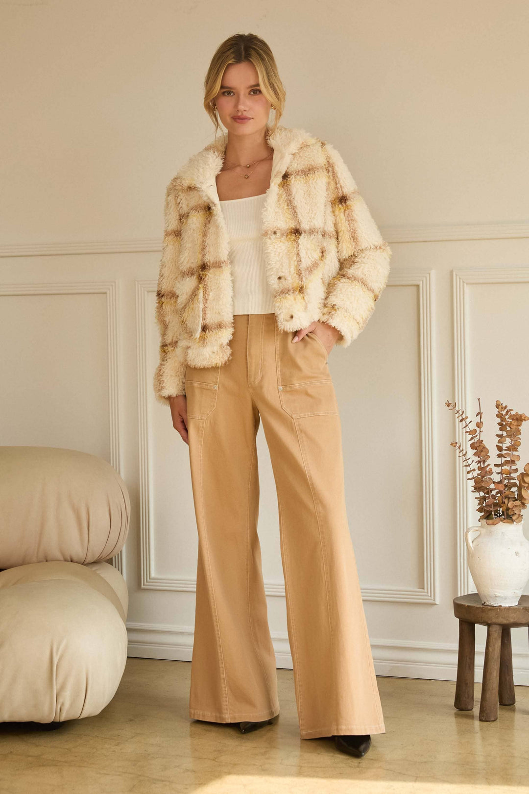 SHERPA PLAID BUTTON DOWN SHIRT JACKET - CREAM