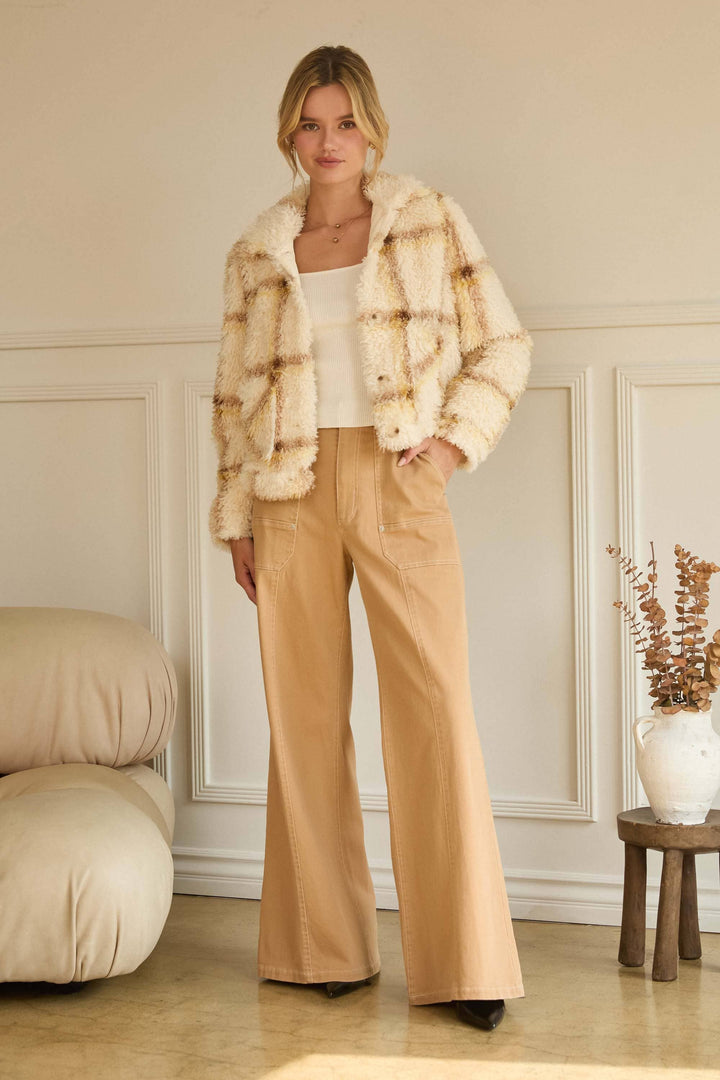 SHERPA PLAID BUTTON DOWN SHIRT JACKET - CREAM