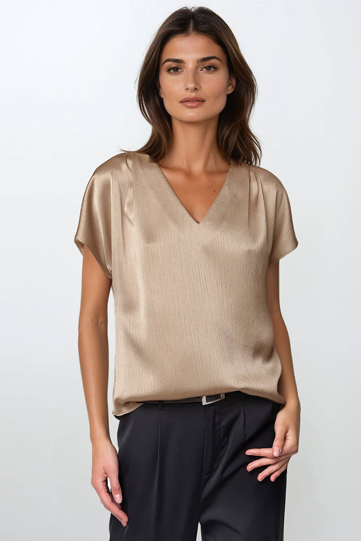 PLEATED CAP SLEEVE CRINKLE SATIN BLOUSE - TAUPE