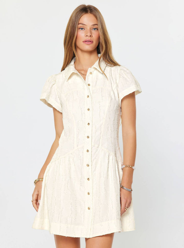TEXTURED BUTTON DOWN MINI DRESS - CREAM