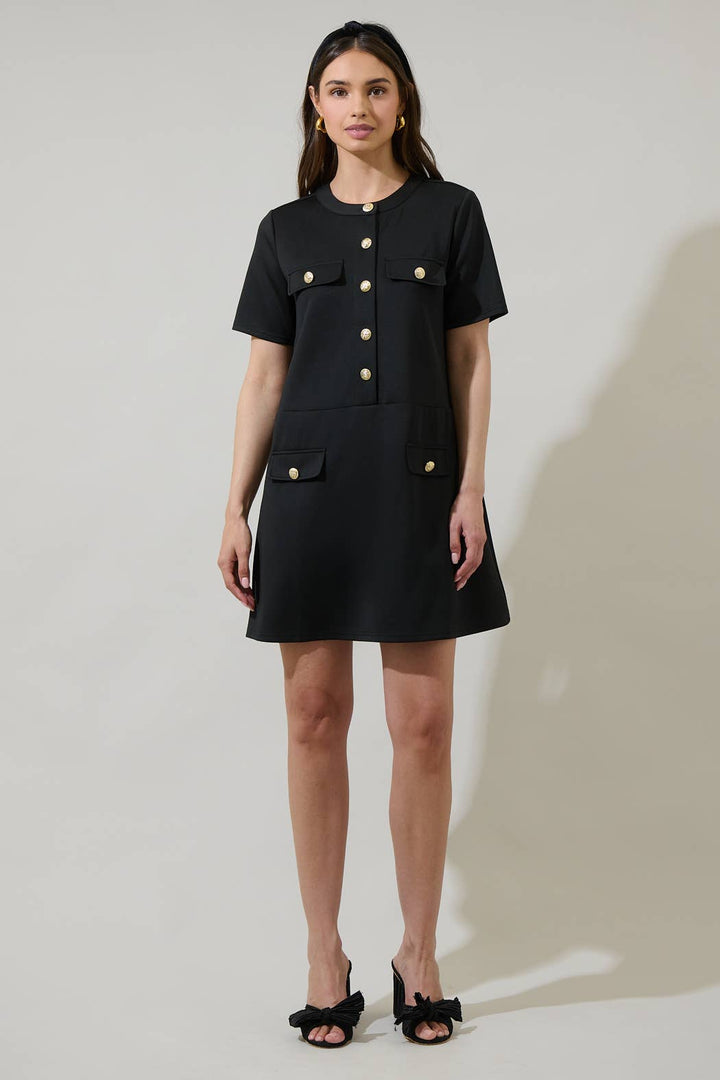 MILIANA BUTTON FRONT MINI SHIFT DRESS - BLACK
