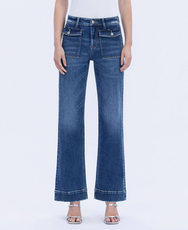 HIGH RISE TROUSER HEM VINTAGE FLARE JEANS - DARK WASH