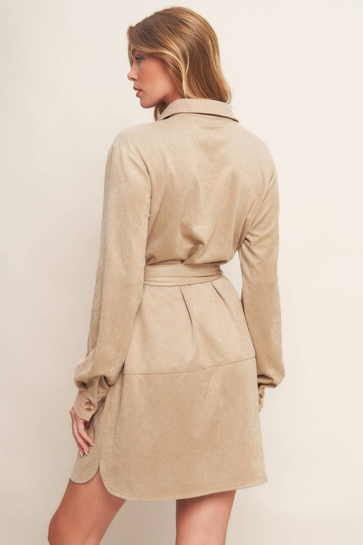VEGAN SUEDE MINI SHIRT DRESS - CAFE AU LAIT