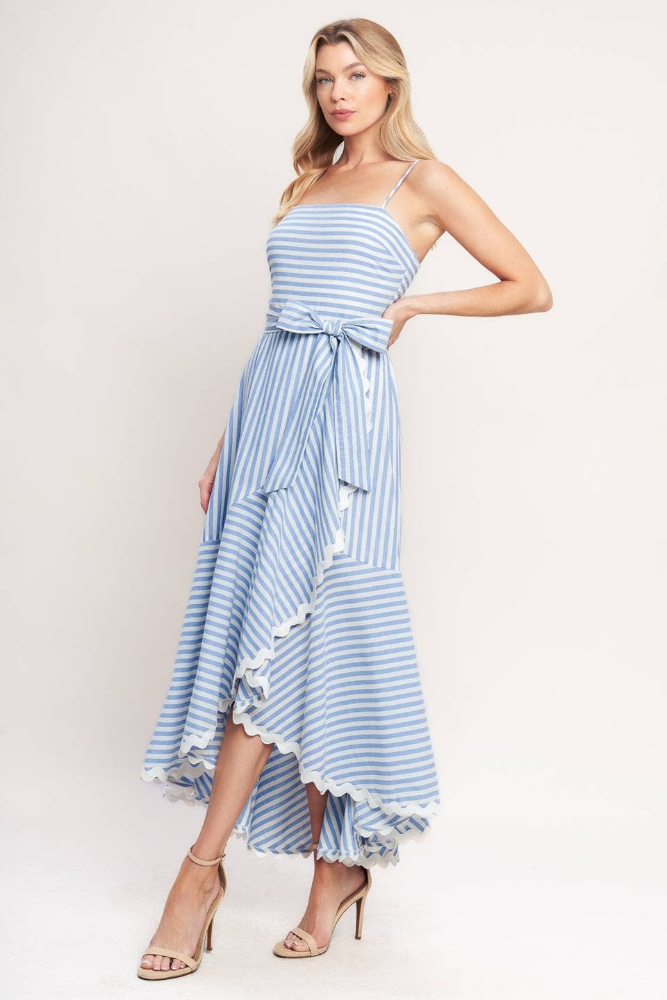 STRIPED FAUX WRAP RIC RAC MIDI DRESS - BLUE + WHITE