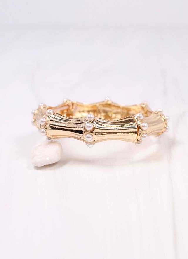 HOLLANDER BAMBOO + PEARLS STRETCH BRACELET - GOLD