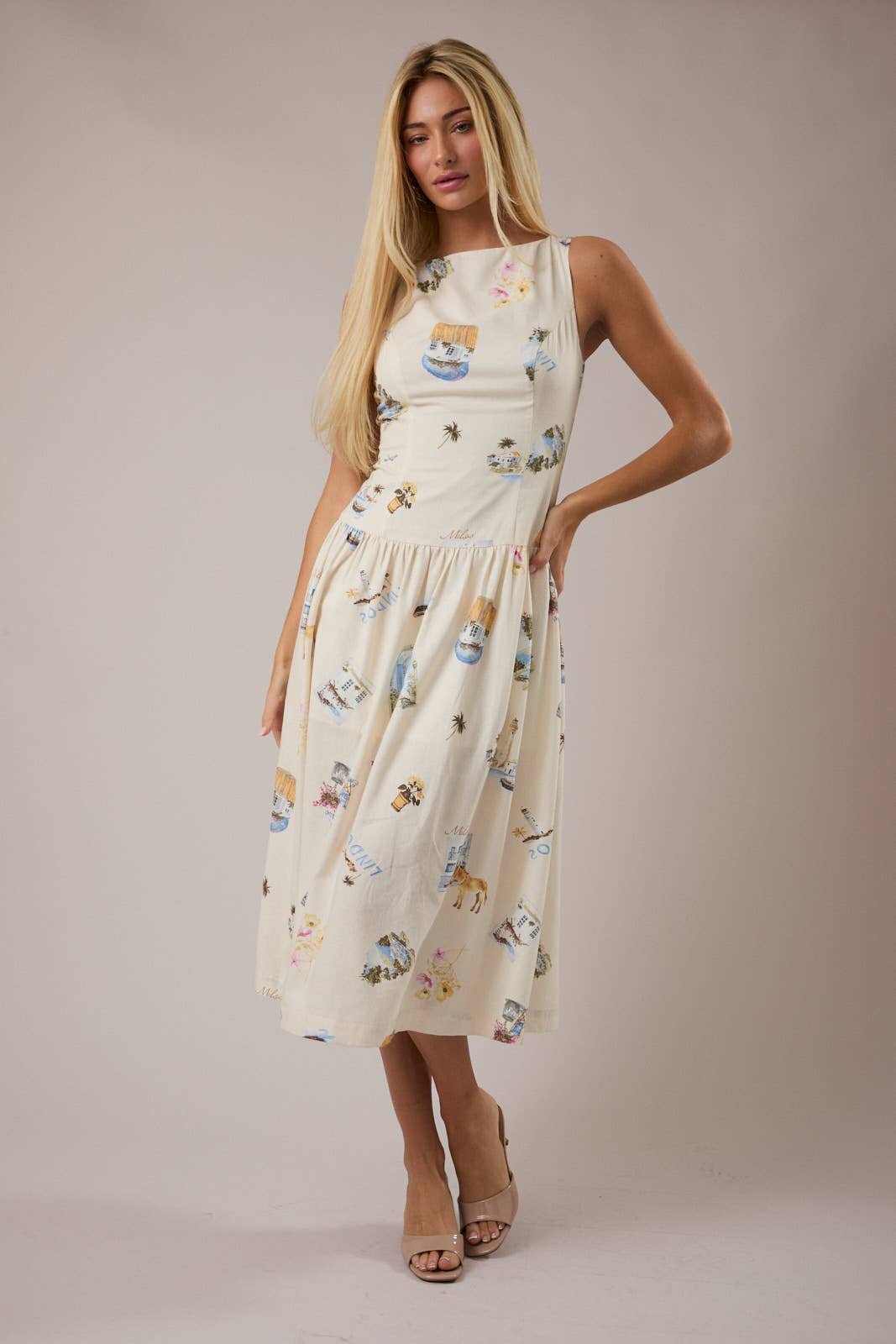 BOAT NECK SLEEVELESS DROP WAIST MIDI DRESS - CREAM MULTI