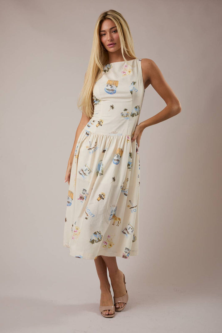 BOAT NECK SLEEVELESS DROP WAIST MIDI DRESS - CREAM MULTI