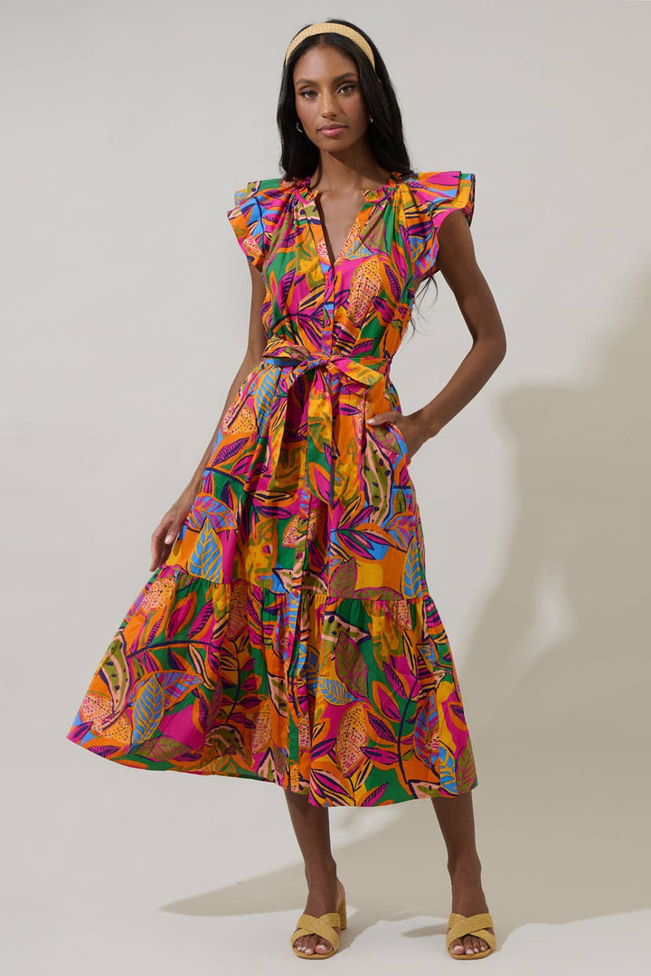 MILANA FLORAL DYNAMITE BUTTON DOWN MIDI DRESS - MULTI