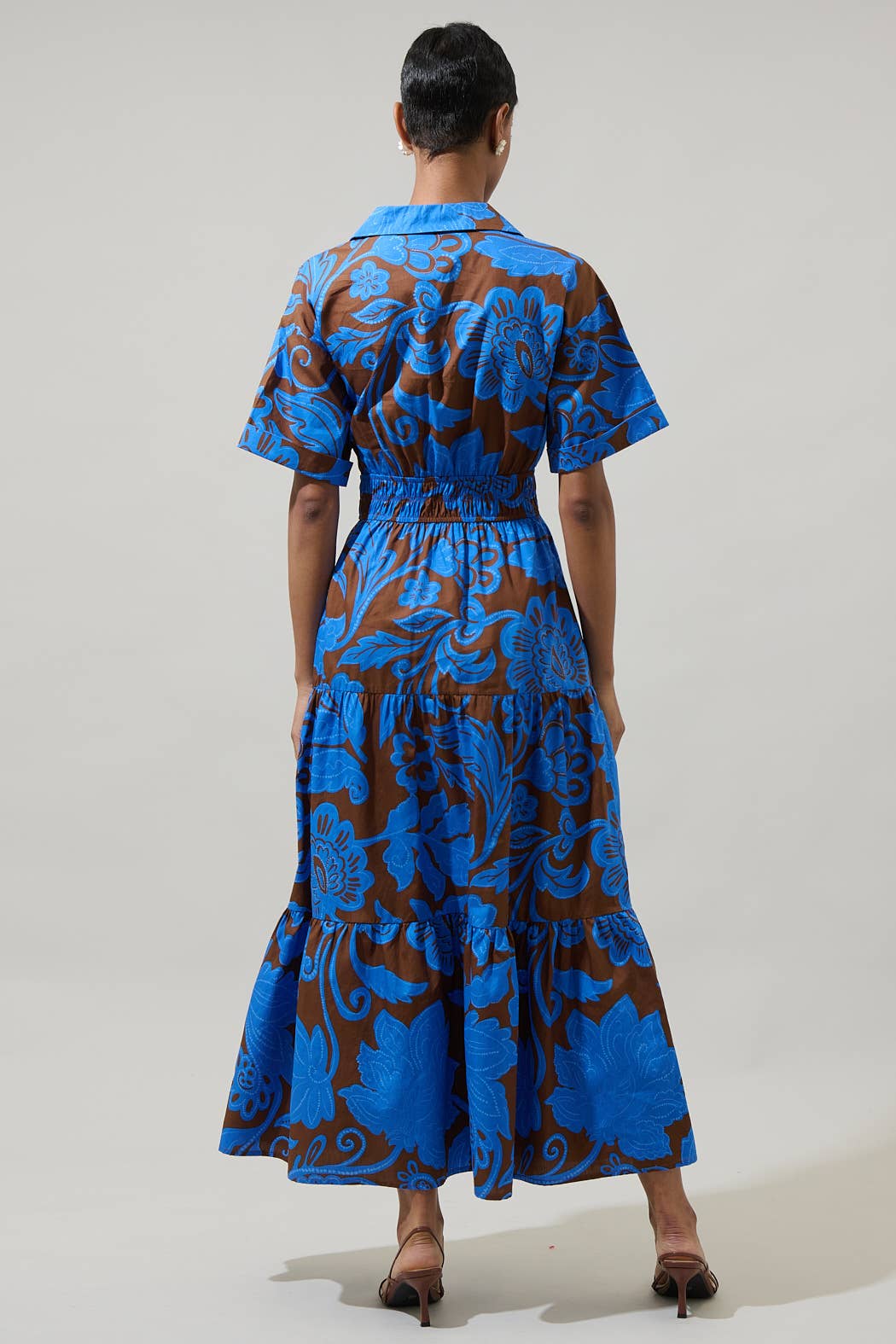 OFELIA FLORAL MILAH TIERED COLLARED MAXI DRESS - BLUE + BROWN