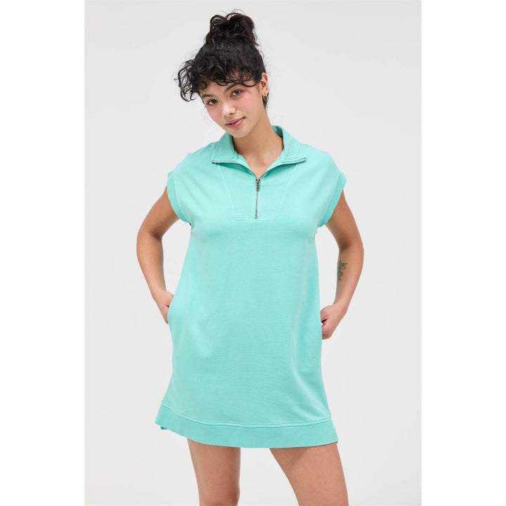 HALF ZIP MOCK NECK MINI DRESS - TURQUOISE