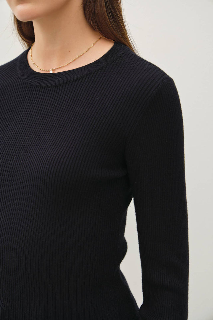 CREWNECK LONG SLEEVE RIB KNIT SWEATER - BLACK