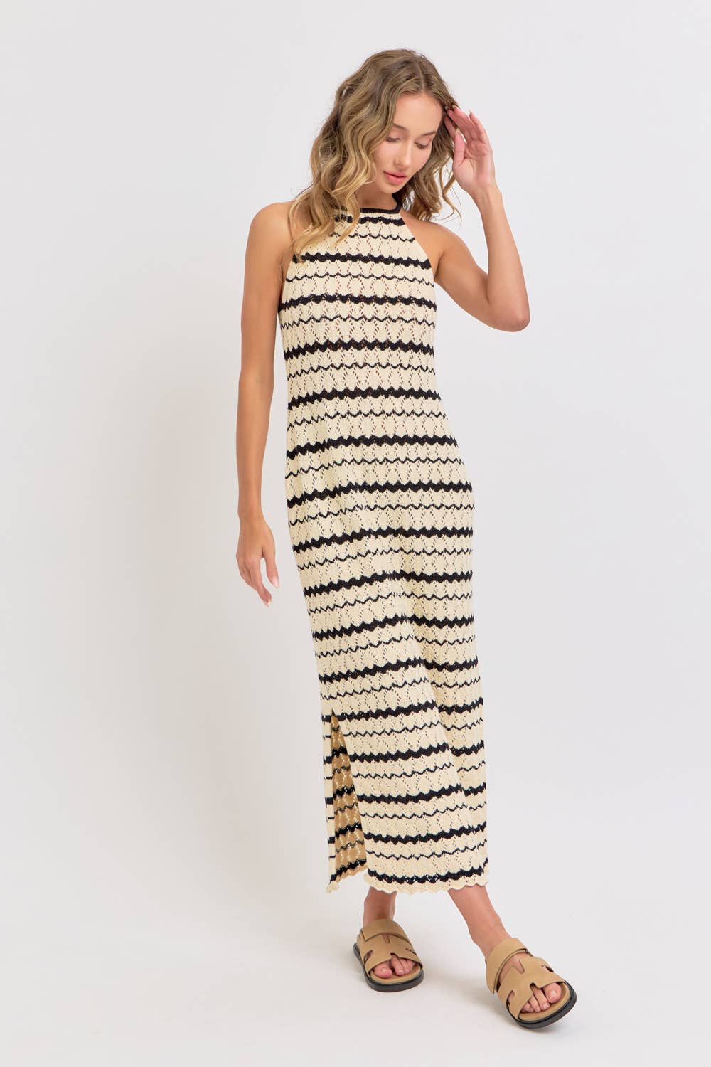 HALTER CROCHET KNIT MAXI DRESS - NATURAL