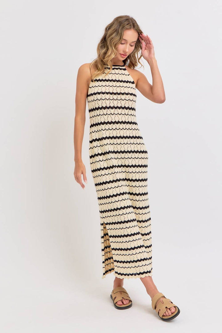 HALTER CROCHET KNIT MAXI DRESS - NATURAL