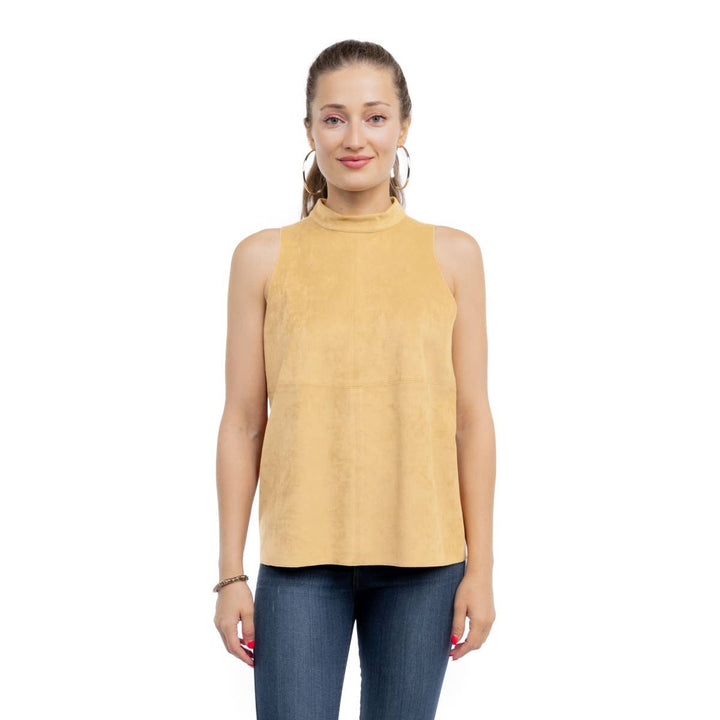 MOCK NECK VEGAN SUEDE TOP - SAND
