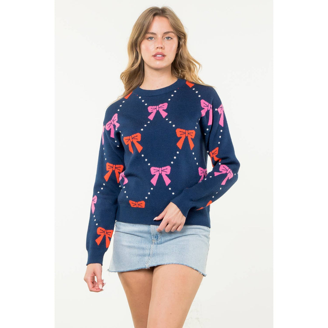 RIBBONS + BOWS KNIT SWEATER - NAVY