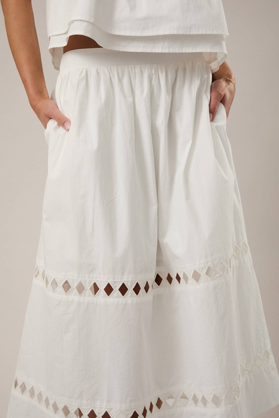 HIGH WAIST CUT OUT DETAIL MIDI SKIRT - MILK WHITE