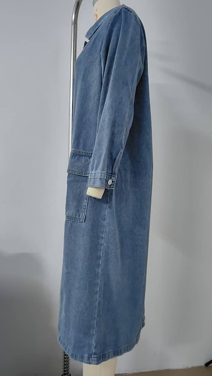 WASHED DENIM CASUAL LONG COAT TOP: BLUE / (S) 1