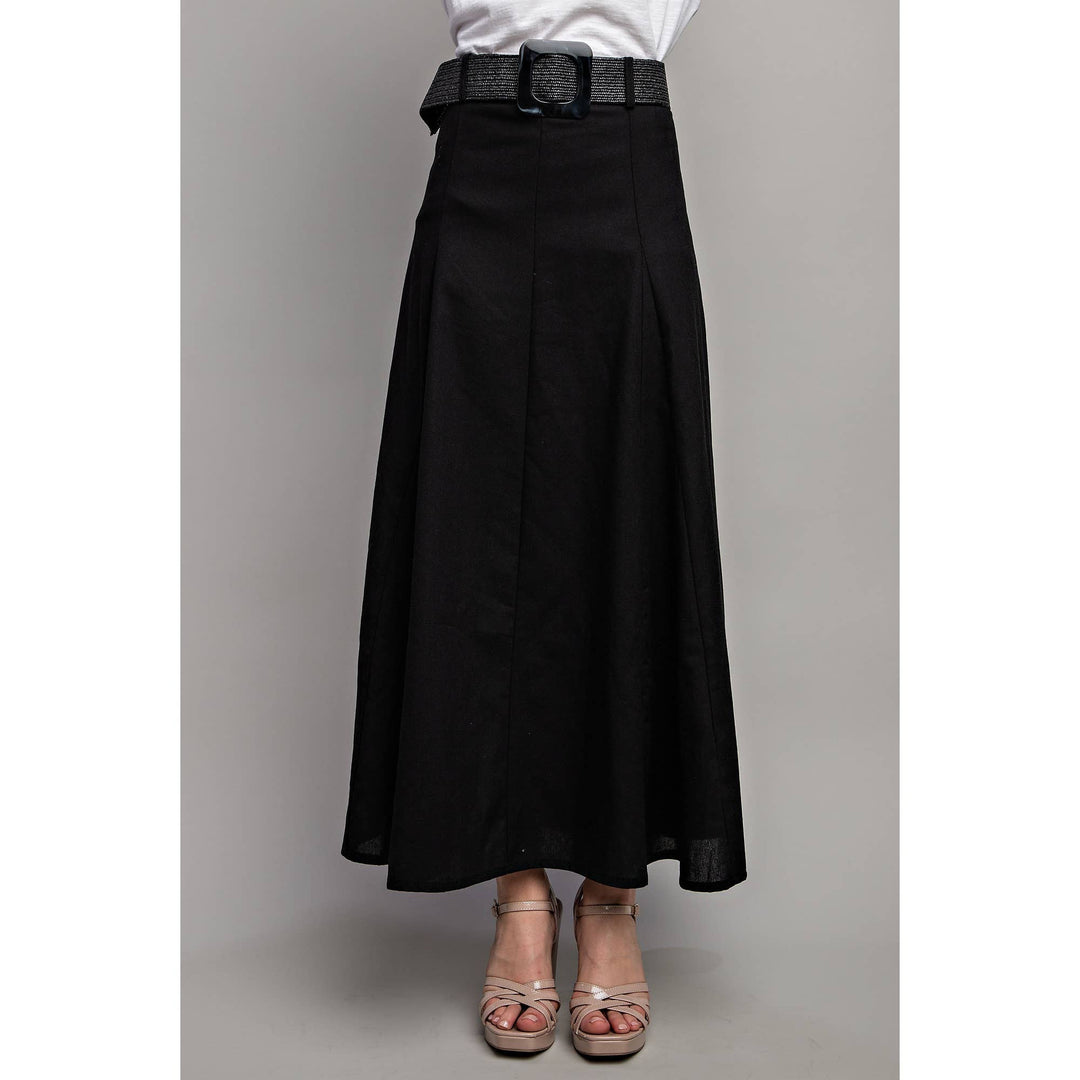 SWEET GENERIS LINEN MAXI FLARE SKIRT + BELT - BLACK