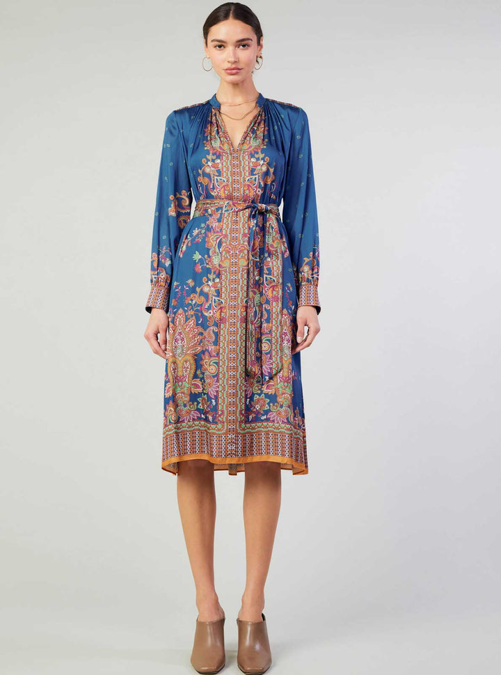 PAISLEY PRINT MANDARIN COLLAR MIDI SATIN DRESS - NAVY