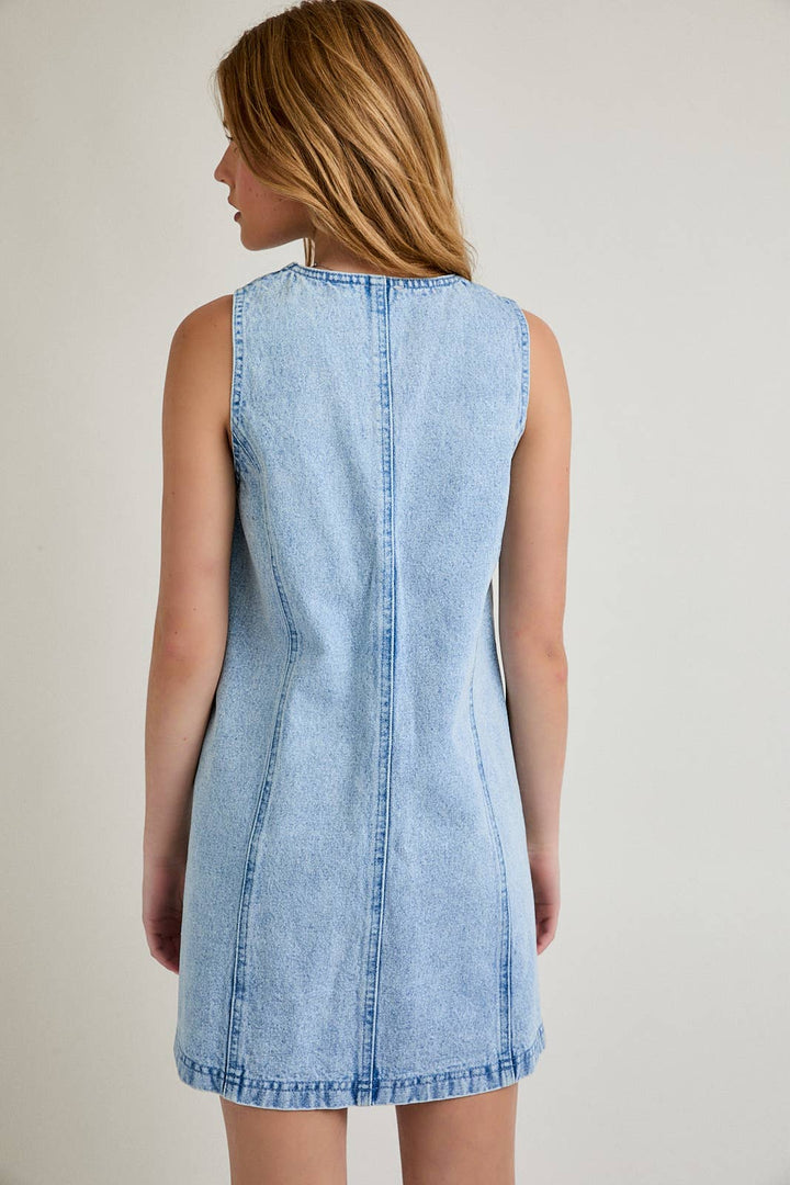 SLEEVELESS V-NECK BUTTON DOWN DENIM MINI DRESS
