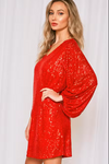 SEQUIN BALOON SLEEVE DRESS - RED