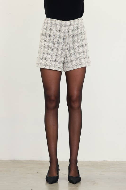 PLAID TWEED LADY SHORTS - BLACK + WHITE