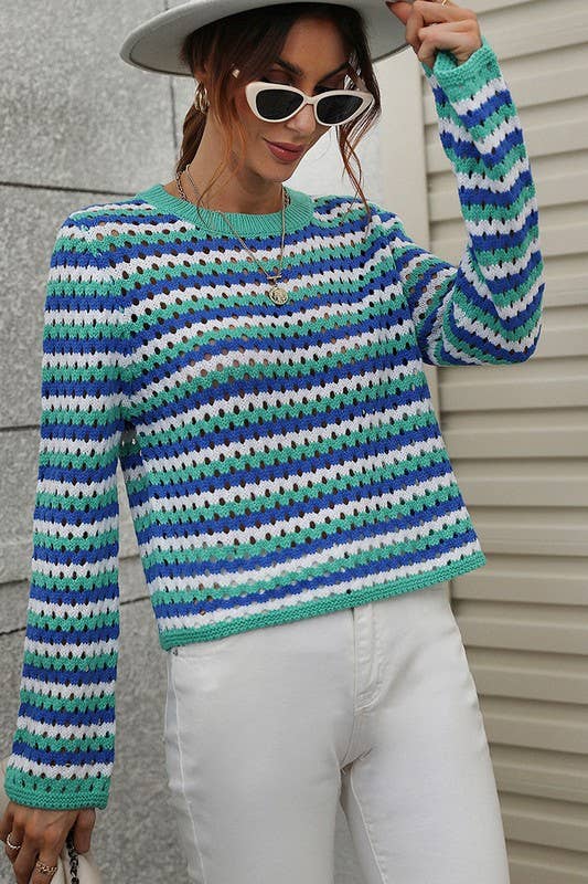 COLORED STRIPE OPEN KNIT SWEATER - GREEN