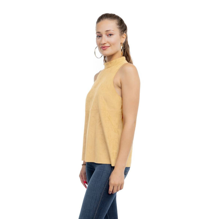 MOCK NECK VEGAN SUEDE TOP - SAND