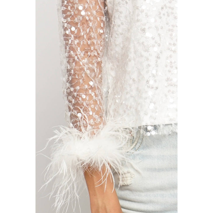 SEQUIN MESH FEATHER TOP - WINTER WHITE