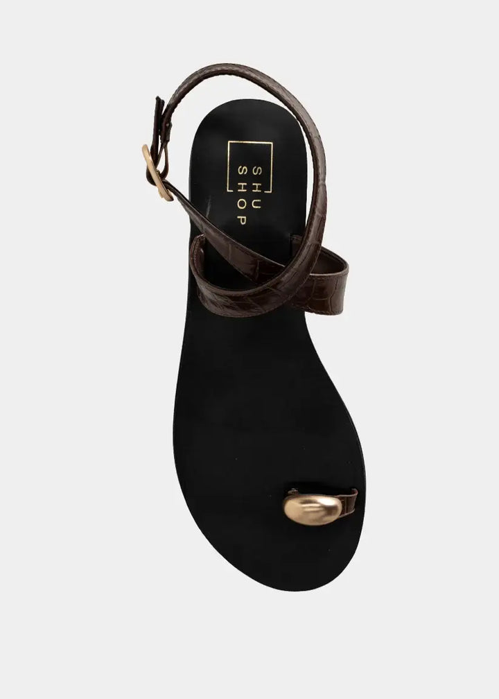 BARCELONA VEGNA LEATHER CROC SANDAL - CHOCOLATE